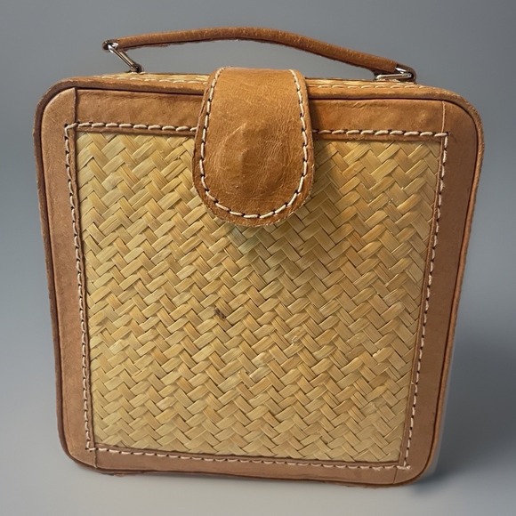 The Unbranded Brand Handbags - Vintage Woven Bamboo Vanity Case Leather Trim Retro Travel Makeup Bag 6x6